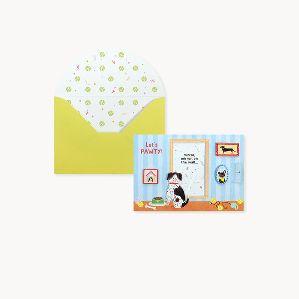 A humorous greeting card featuring the phrase "Let's Pawty" and a dog looking at itself in a mirror.