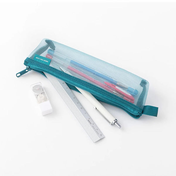 A blue pencil case made from semi-transparent mesh, filled with office supplies.