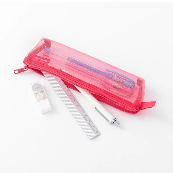 A pink pencil case made from semi-transparent mesh, filled with office supplies.