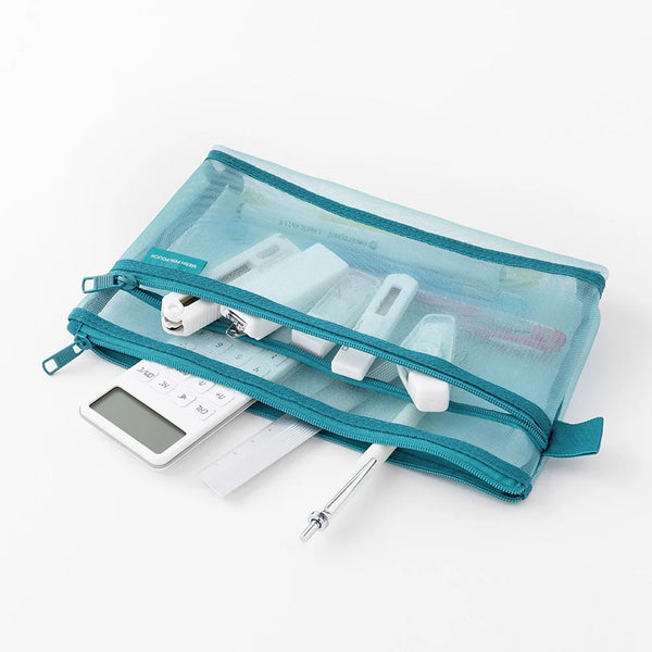 A blue pencil case made from semi-transparent mesh, filled with office supplies.