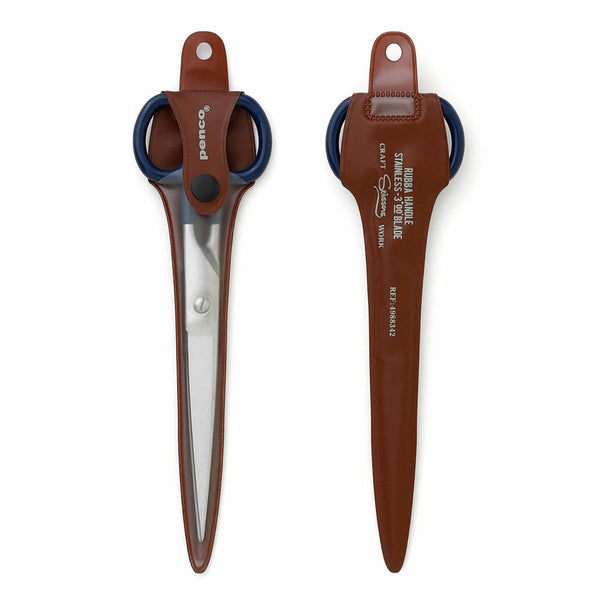 Steel scissors with navy handles in a burgundy plastic case with a button closure.