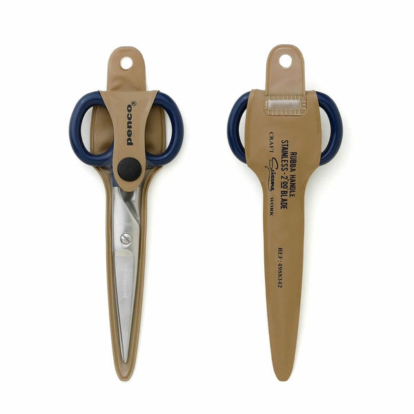 Steel scissors with navy blue handles in a brown plastic case secured with a button closure.